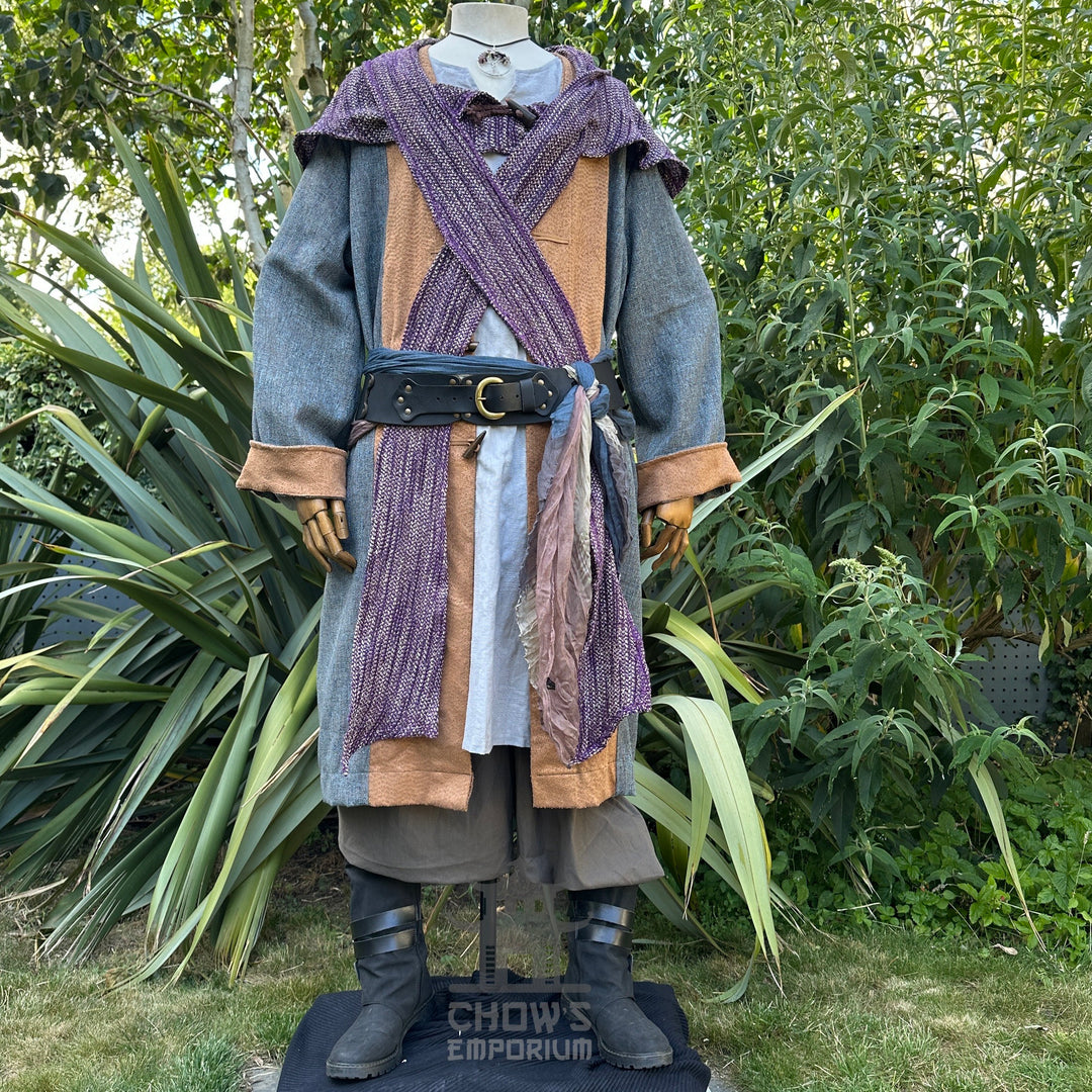 Ocean Cleric LARP set with blue robe, purple sash, and detailed necklace.