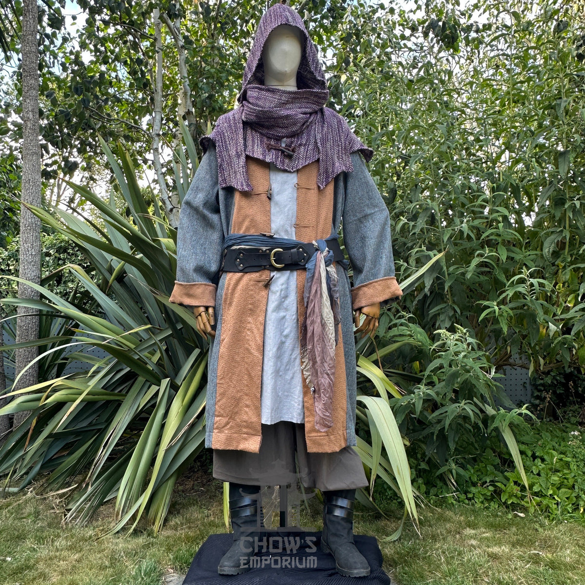 Medieval LARP costume front, showing hooded robe with belts.