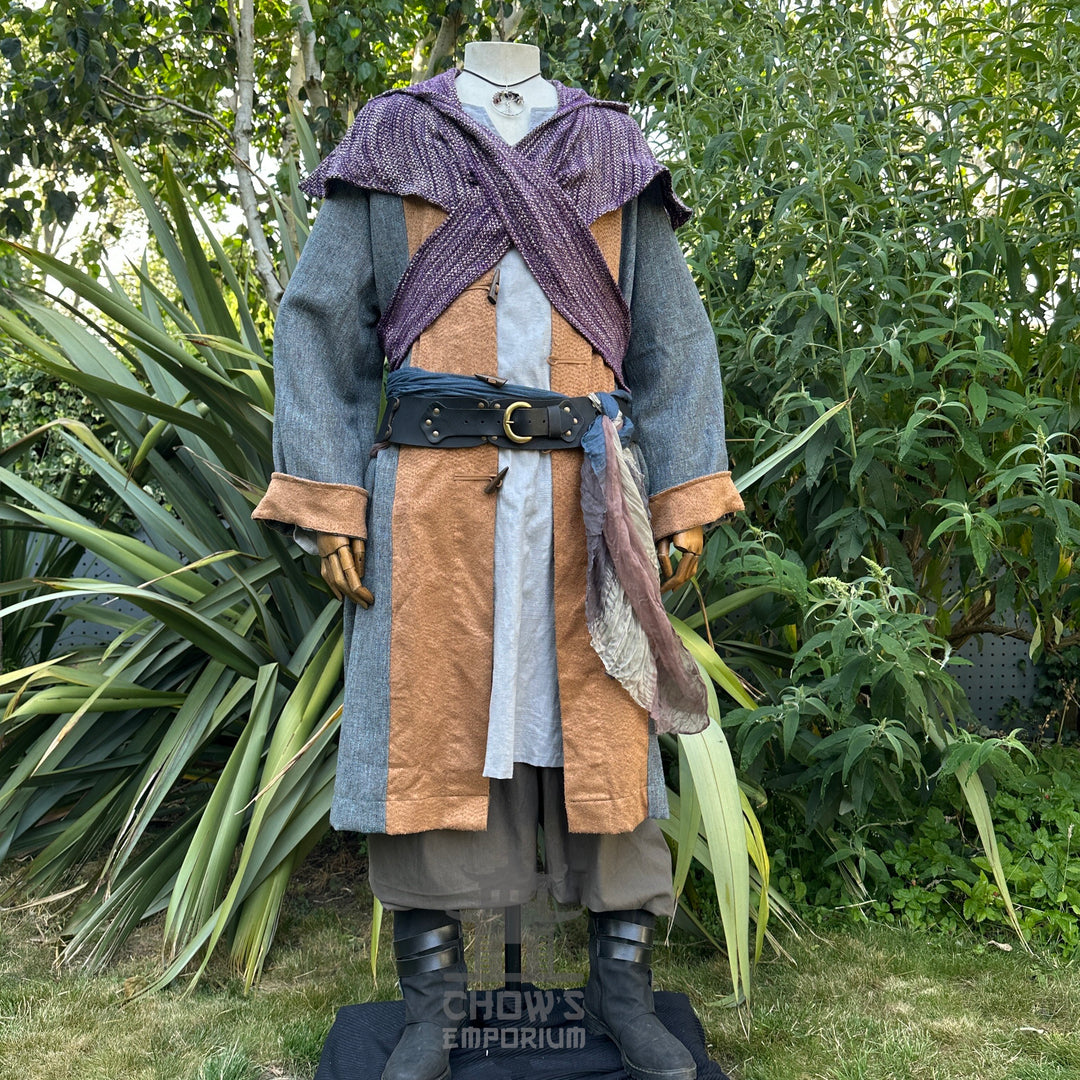 Ocean Cleric LARP set: blue robe, brown tunic, purple hood, front view.