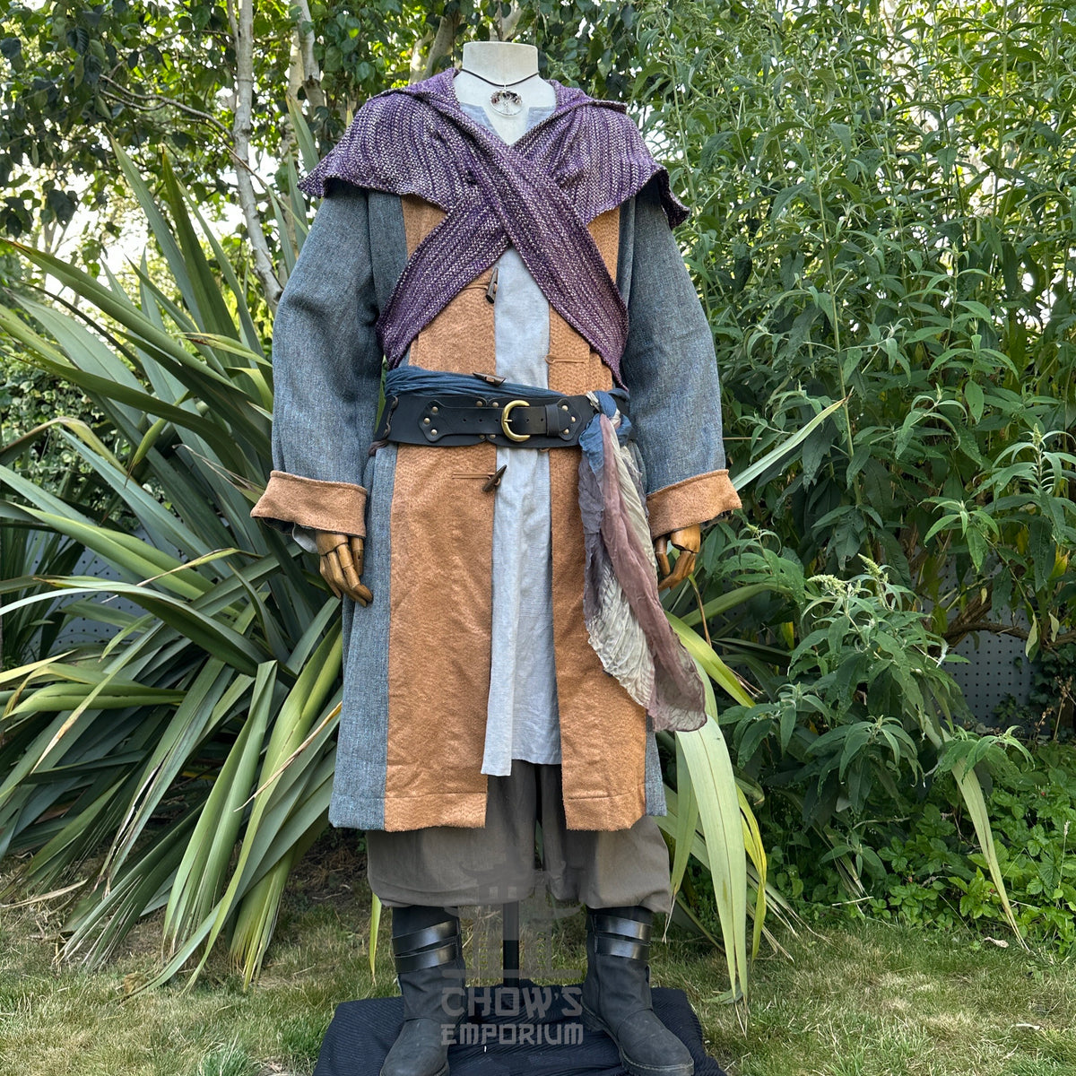 Front view of LARP cleric outfit with layered robes and a purple wrap.