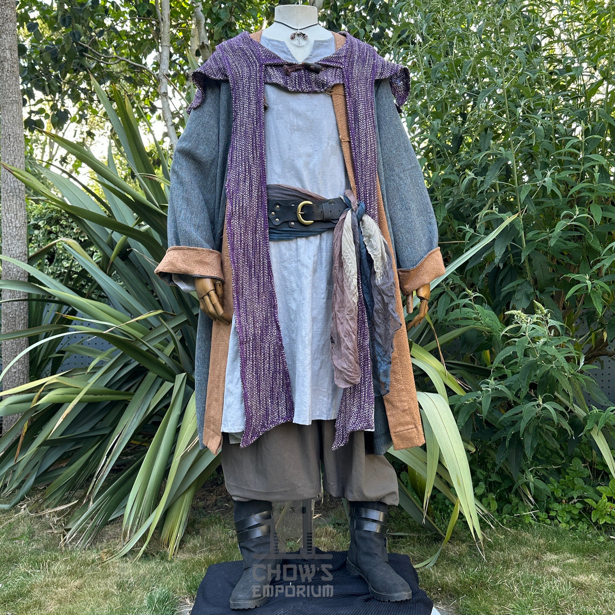 Ocean Cleric LARP attire, blue jacket, lavender sash, front view, medieval style.
