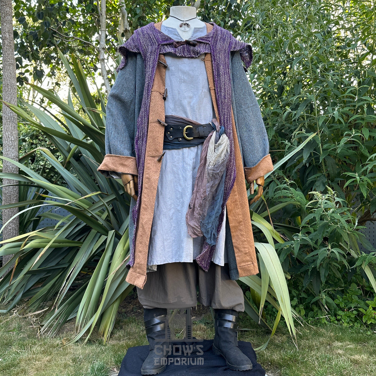Ocean Cleric LARP set with blue robe, tunic, hood, sash, and necklace.