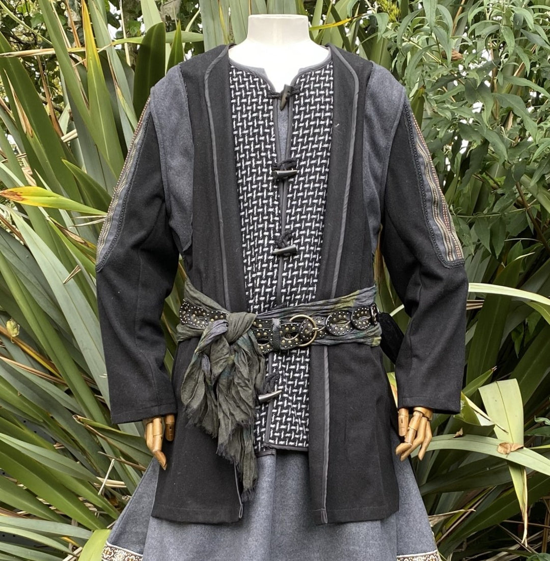 black grey medieval jacket with ornate panels and braiding for LARP and.
