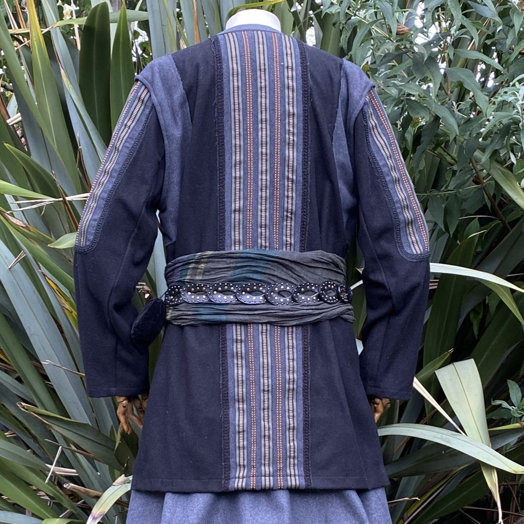 black and grey jacket with ornate panels for fantasy costume.