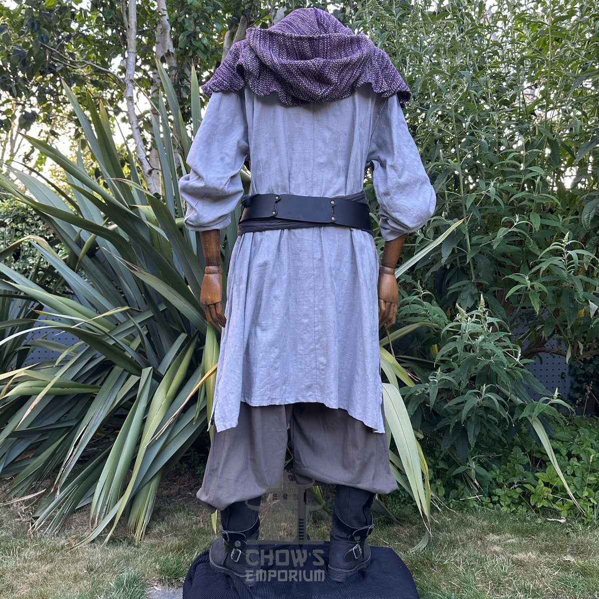 Grey LARP robe with hood and belt, back view, medieval style, worn.