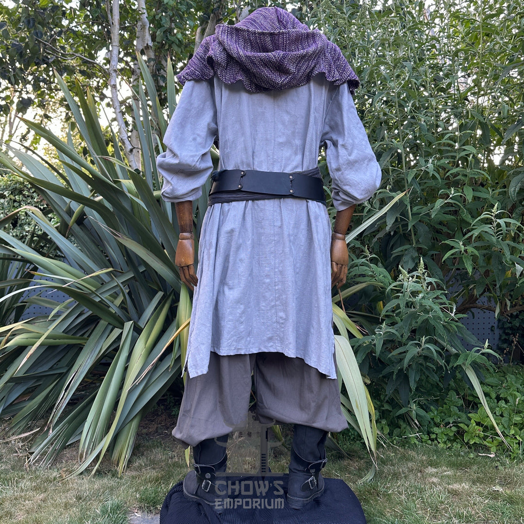 Grey LARP robe with hood and belt, back view, medieval style, worn.