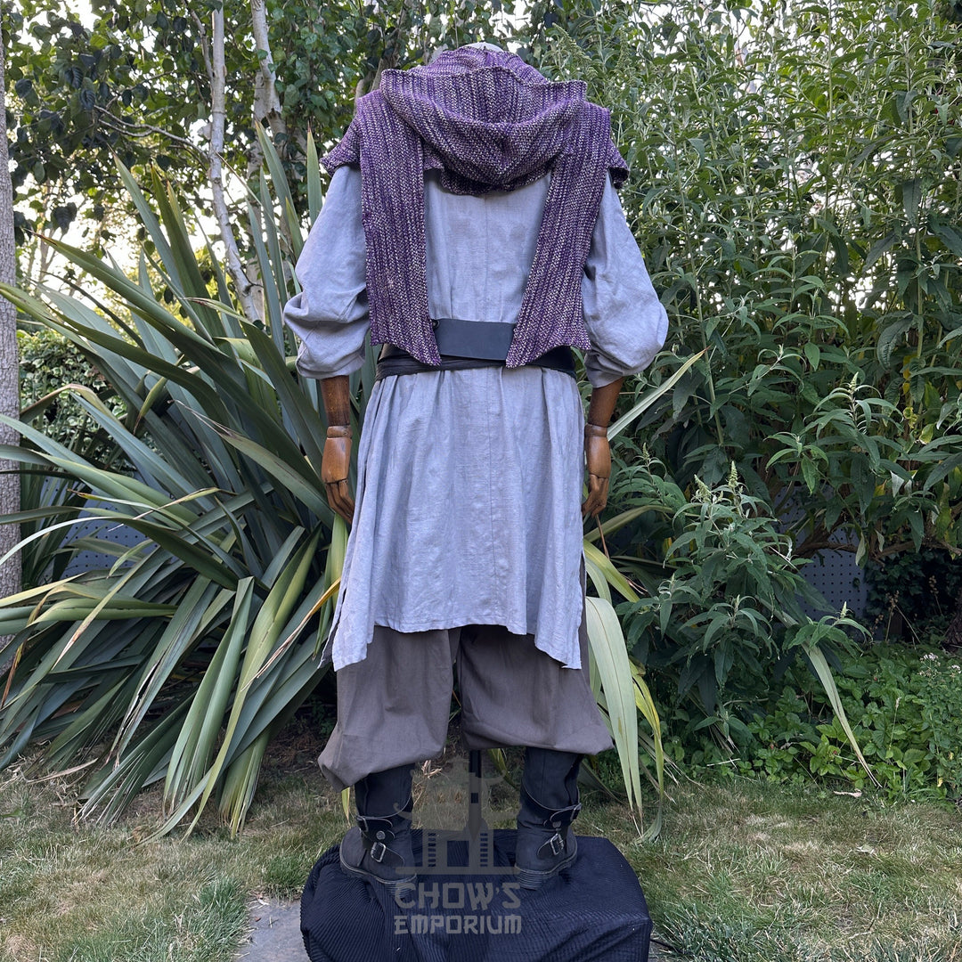 Back view of Ocean Cleric LARP set: grey robe, purple hood.