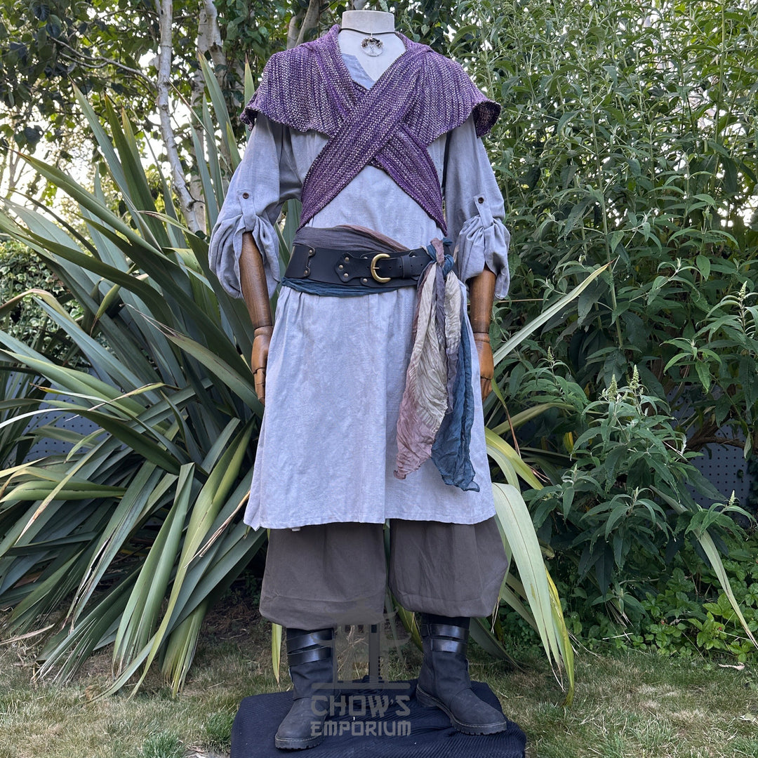 Grey robe with purple sash and necklace detail, medieval LARP costume.