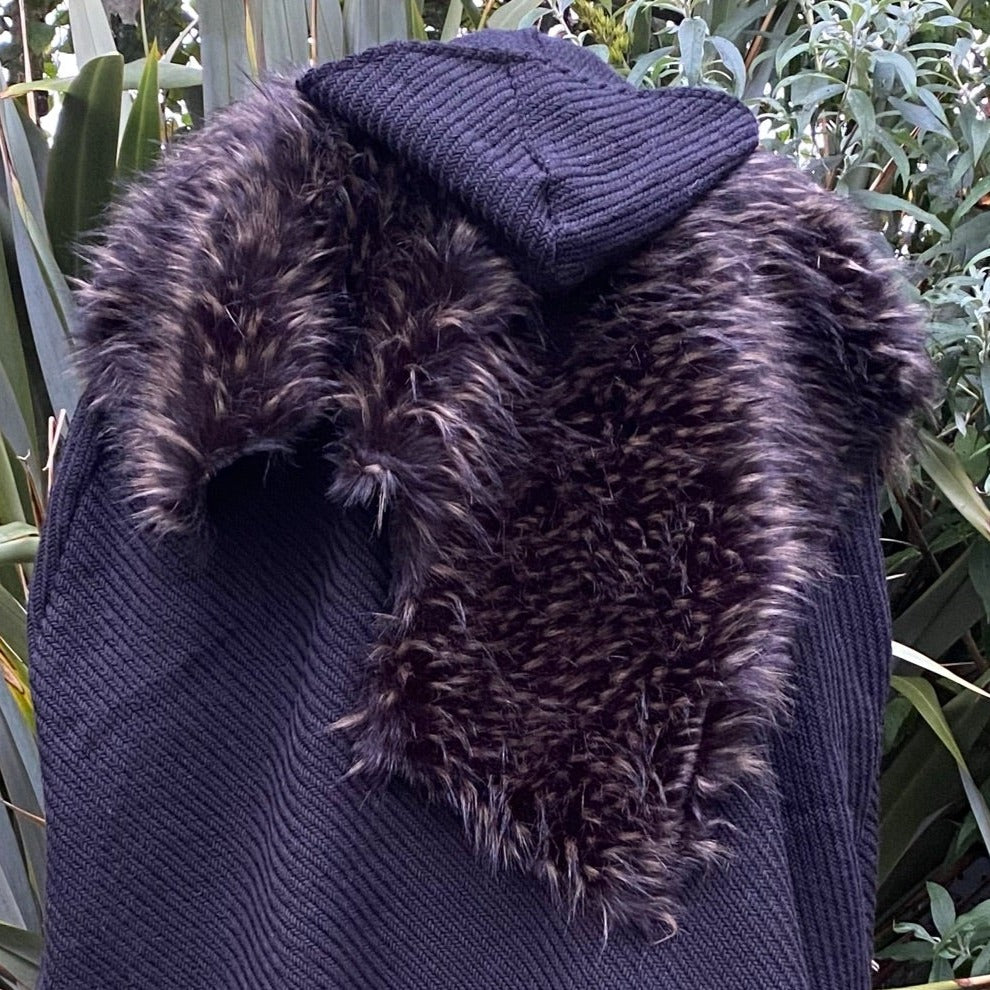 Black faux fur mantle with hood, detailed Viking LARP costume.