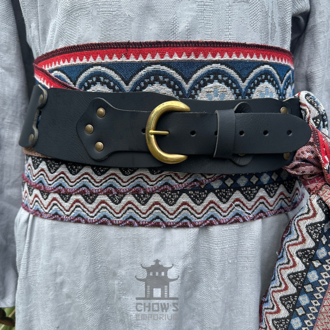 LARP belt and sash set, red, white, blue pattern, buffalo leather close-up.
