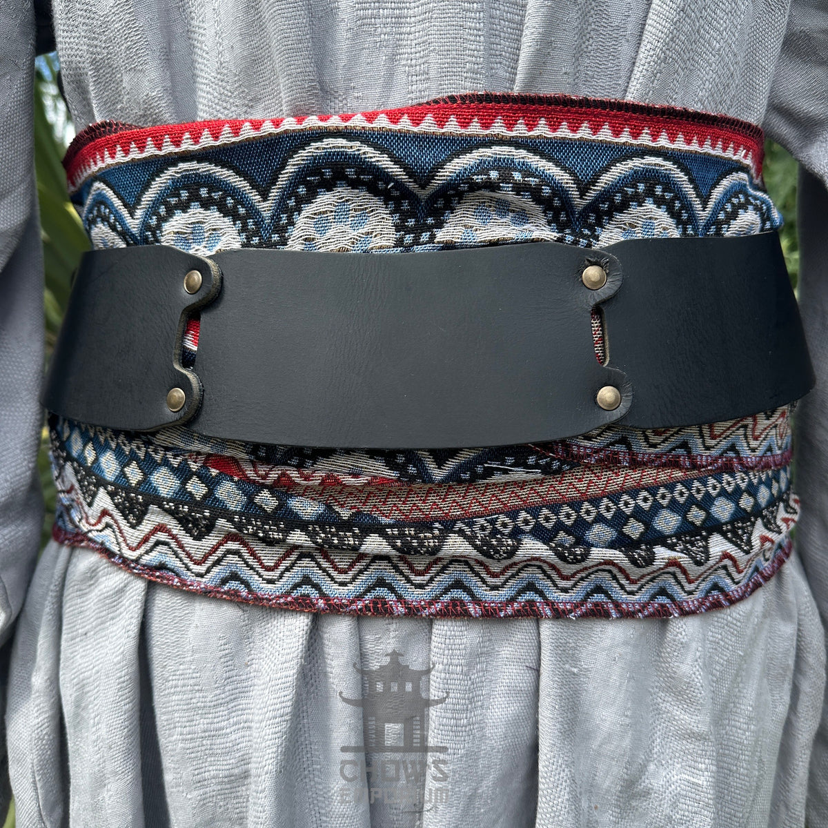 LARP belt and sash set, red, white, blue pattern, buffalo leather front view.