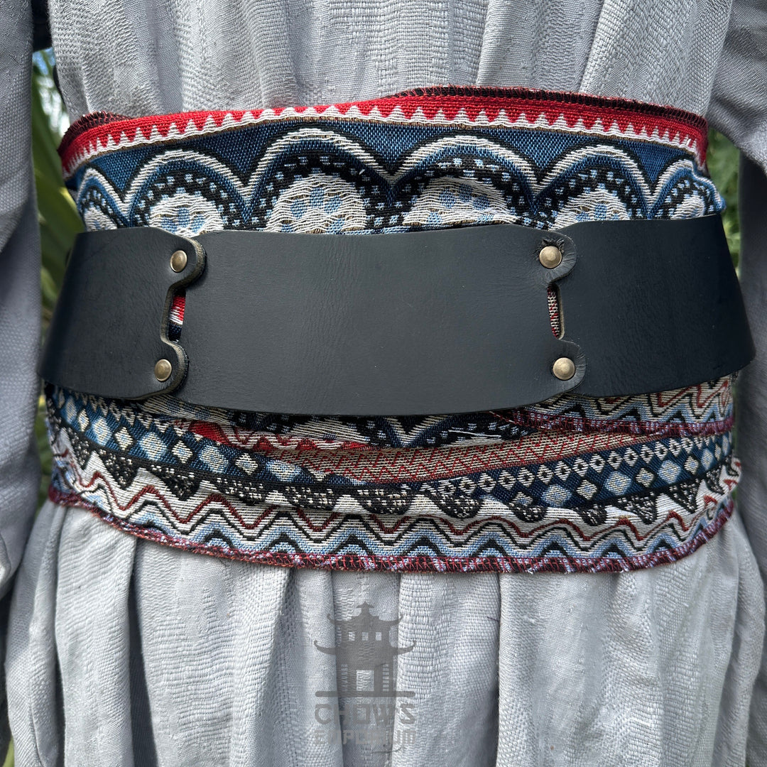 LARP belt and sash set, red, white, blue pattern, buffalo leather front view.