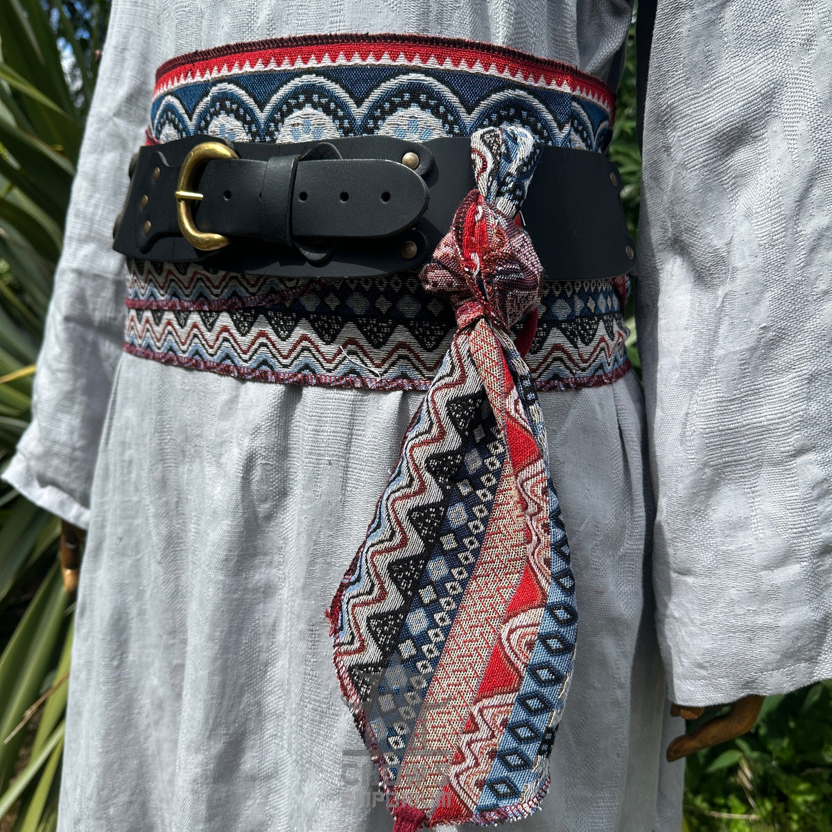 LARP belt and sash set, red white blue pattern, buffalo leather close-up.