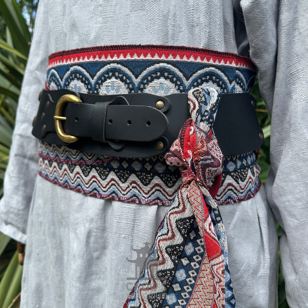 LARP belt and sash set in red, white, blue with buffalo leather close-up.