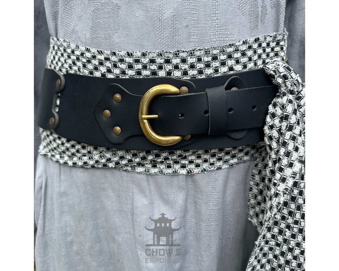 LARP belt and sash set, black and white check, close-up, buffalo leather.
