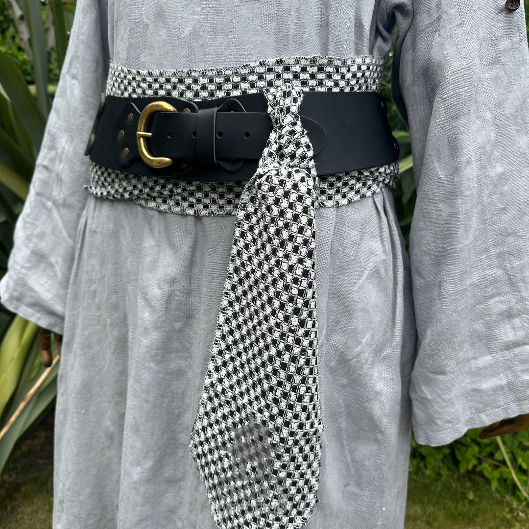 Black and white check LARP belt and sash set made of buffalo leather.