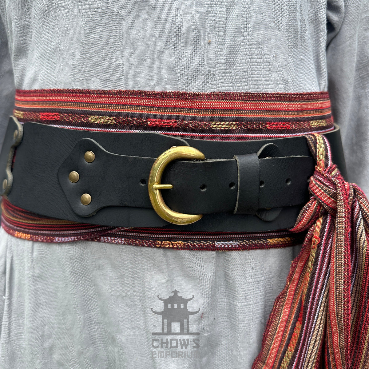LARP belt and sash set in autumnal stripes, buffalo leather, front view.