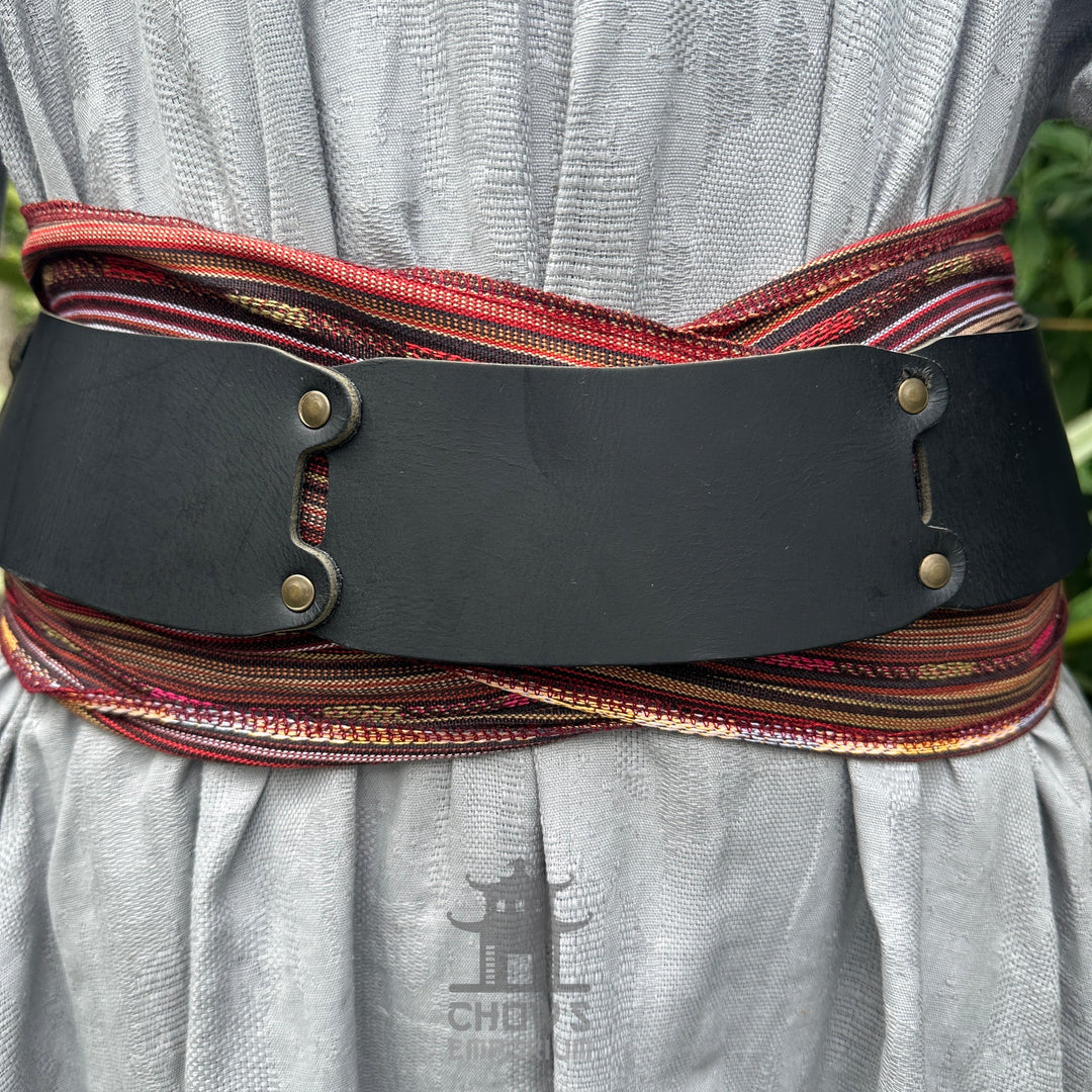 LARP sash and belt set in red autumn stripe, buffalo leather close-up.
