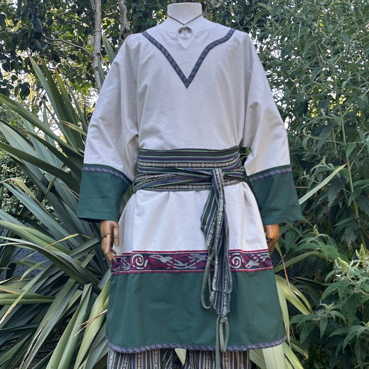white and green linen Viking tunic for LARP.