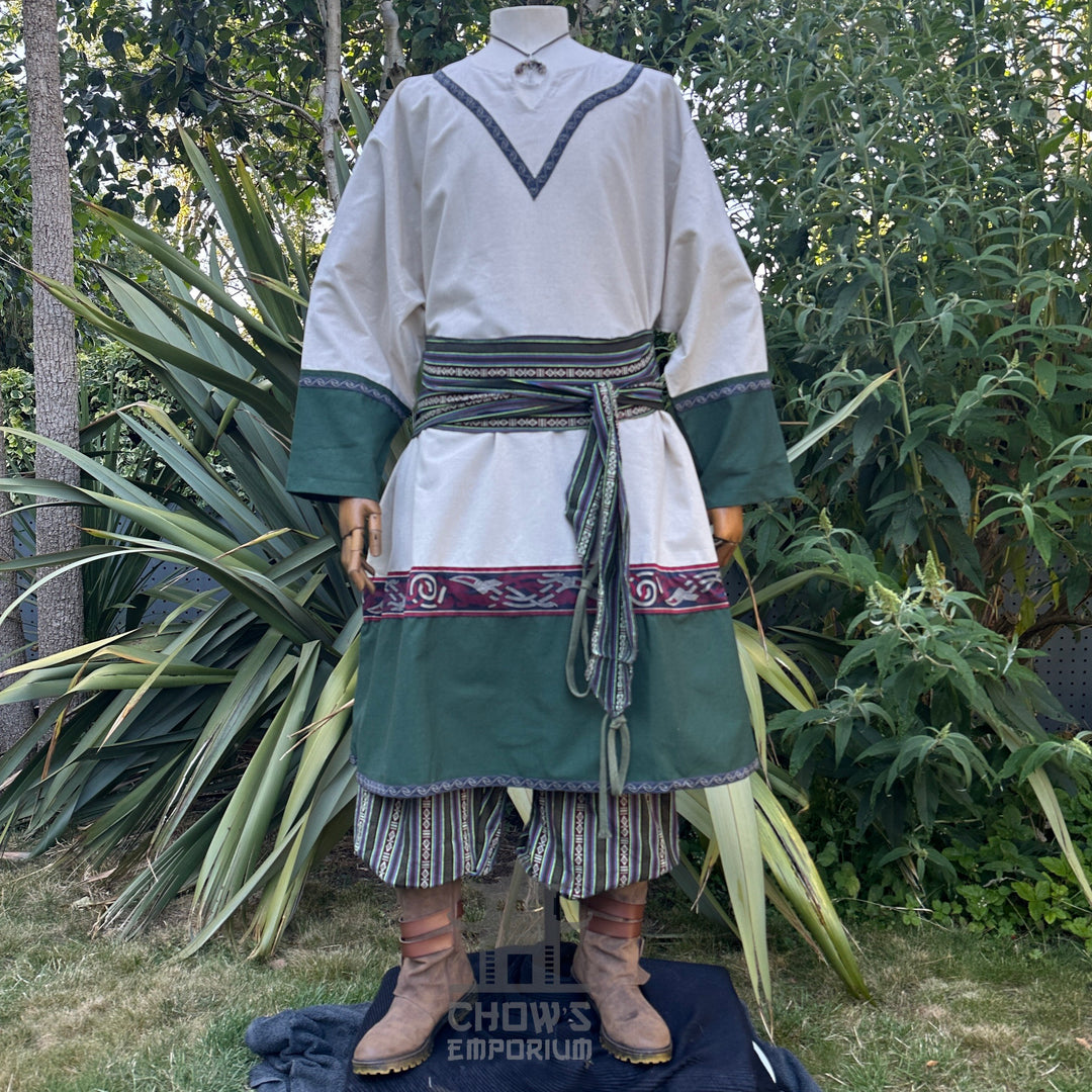 Medieval LARP outfit with sash, tunic, and hood, side.