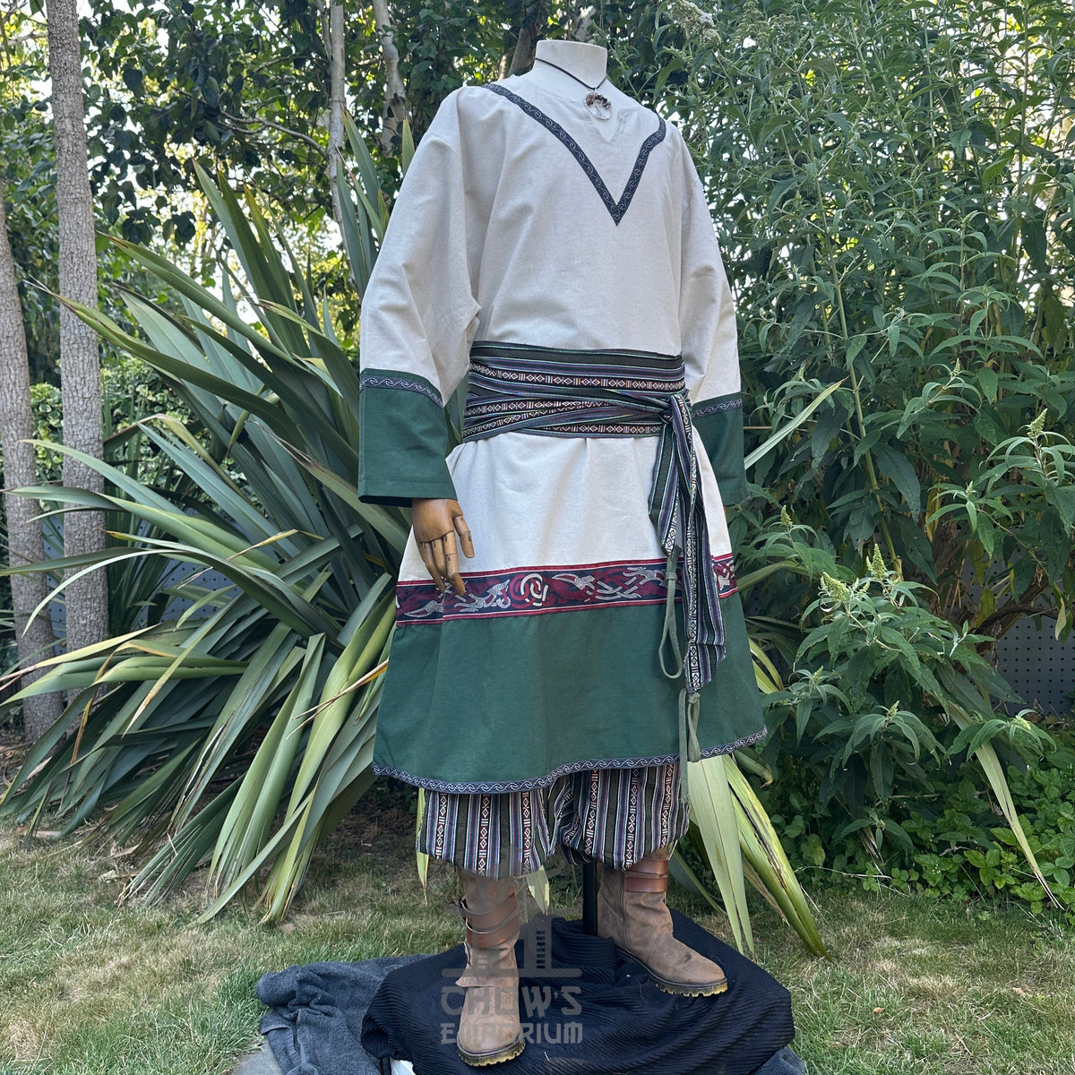 Medieval LARP tunic front view, white-green with embroidered belt detail.