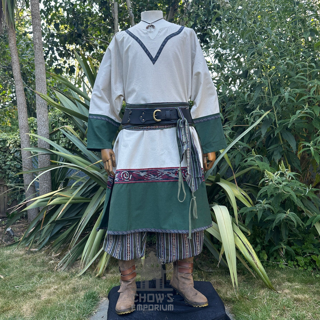 White and green tunic, trousers, and sash for LARP or medieval events.