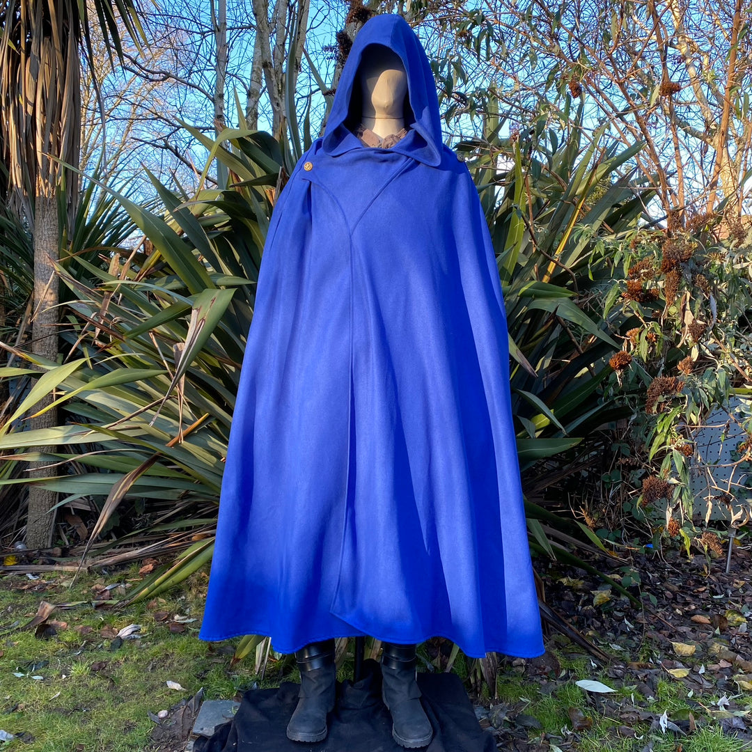 Royal blue Viking LARP cloak with hood, displayed.