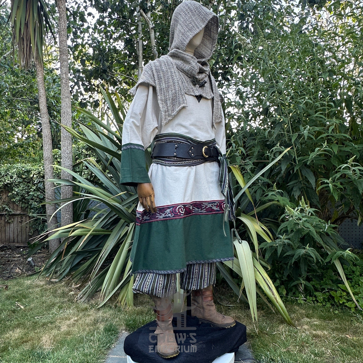 LARP woodland outfit with green tunic, hooded cloak, and brown belt.