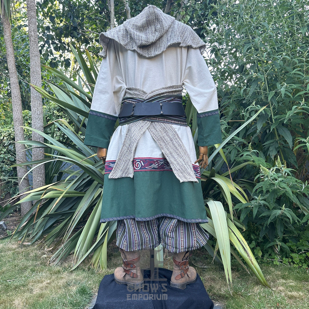 Rear view of medieval LARP outfit with striped trousers and draped hood.