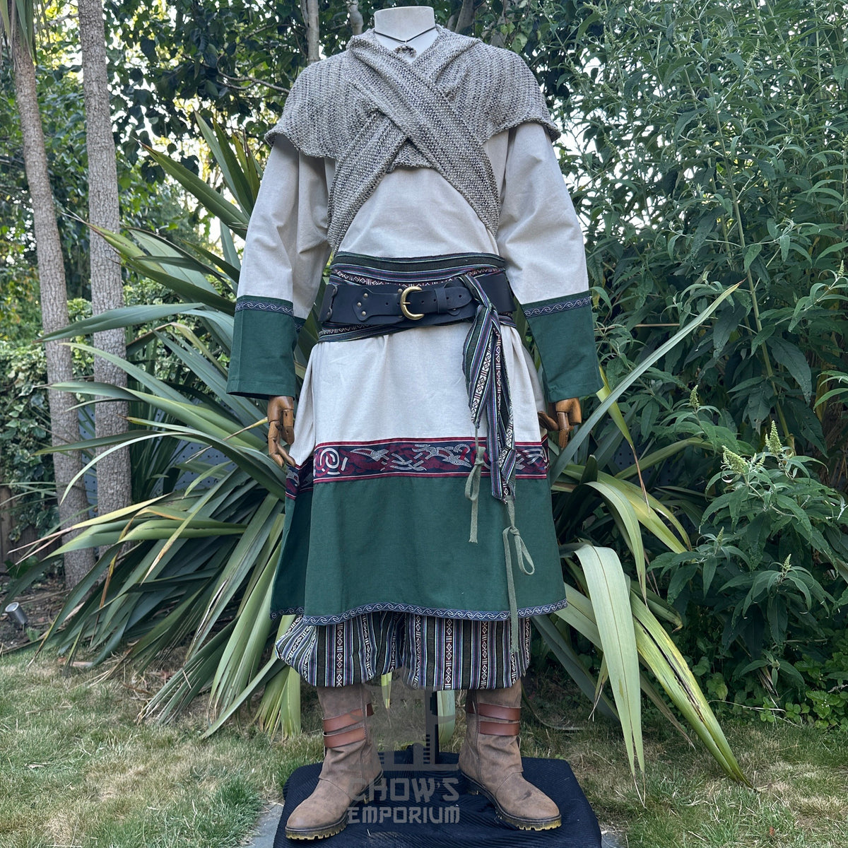Sage green wool scarf hood on medieval costume, front angle for LARP.