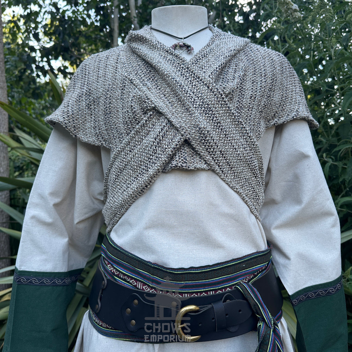Medieval LARP tunic and sash with knit hood, detailed belt.