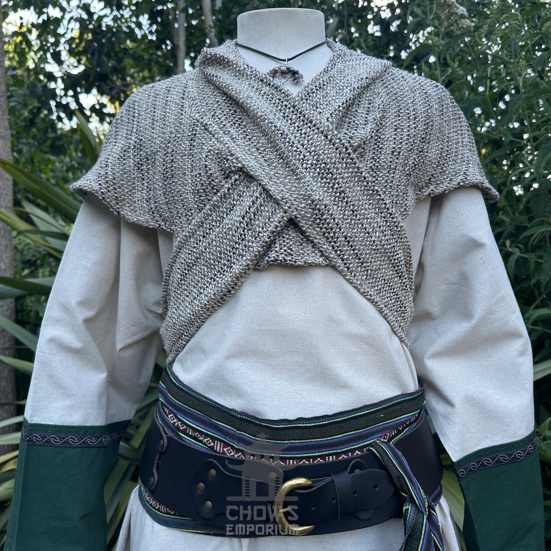 Medieval LARP tunic and sash with knit hood, detailed belt.