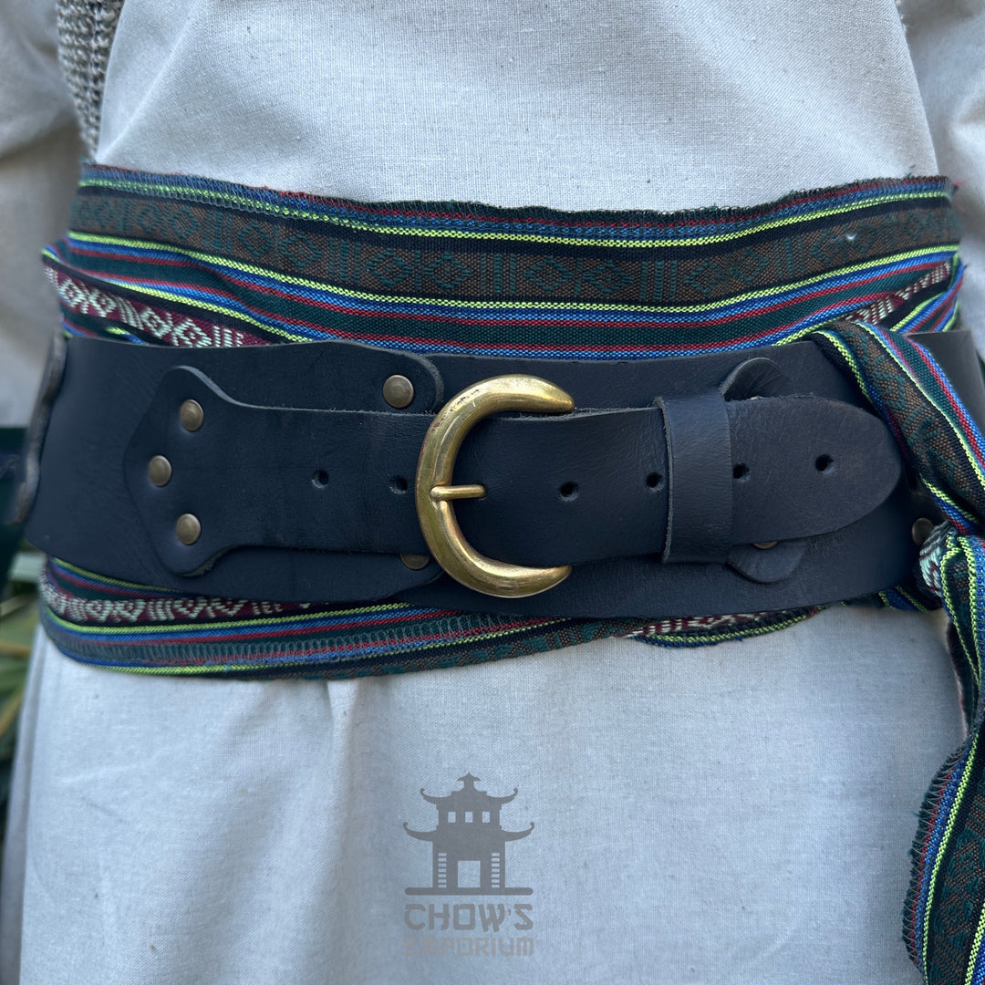 LARP green stripe sash and buffalo leather belt with brass buckle close-up.
