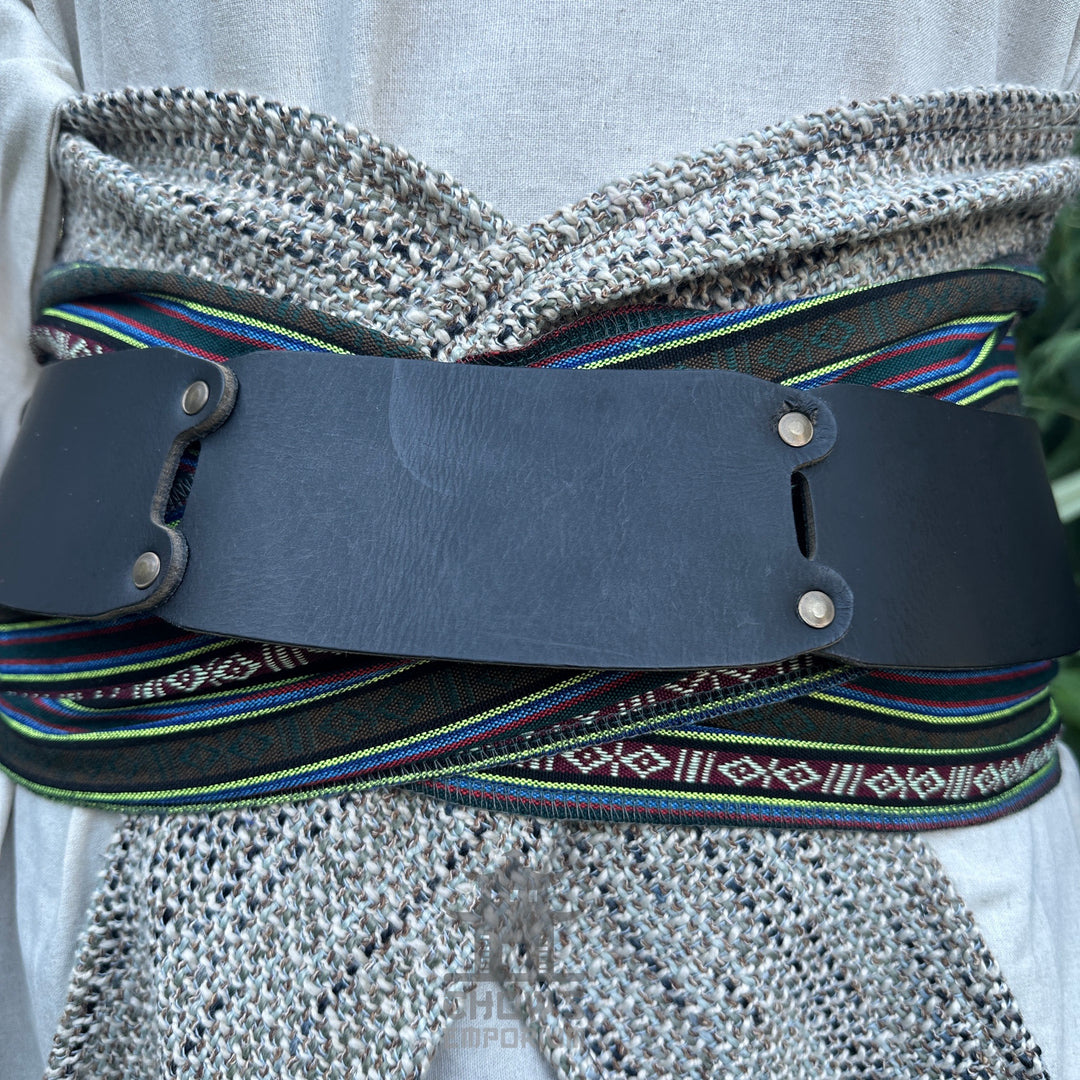 LARP belt and sash set, green stripe, buffalo leather close-up.