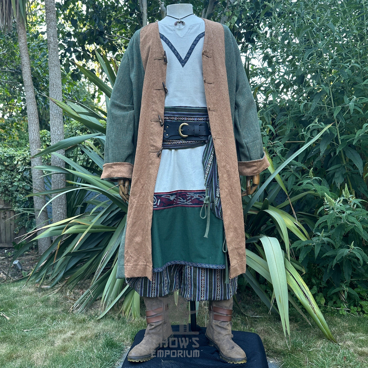 Green and brown LARP outfit with tunic, hood, sash, pants, and belt.