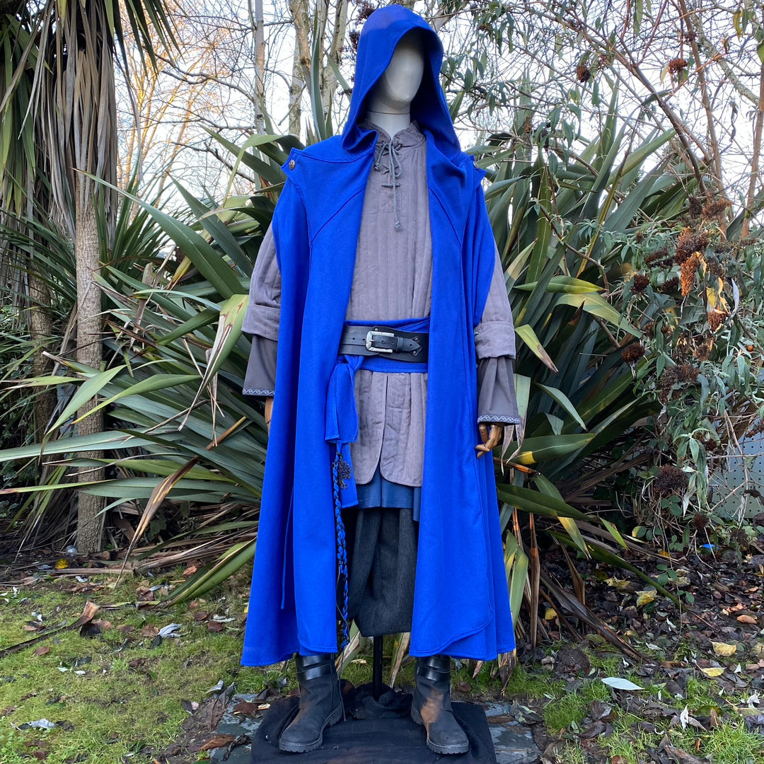 Mannequin in blue hooded Viking cloak for LARP.