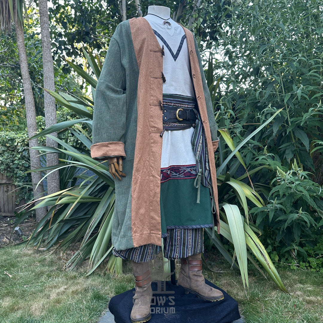 Viking tunic in white and green linen mix, medieval LARP style, front view.