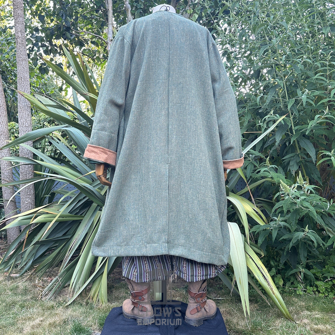 Back view of green and brown pirate LARP coat, full-length medieval fantasy cosplay costume for.