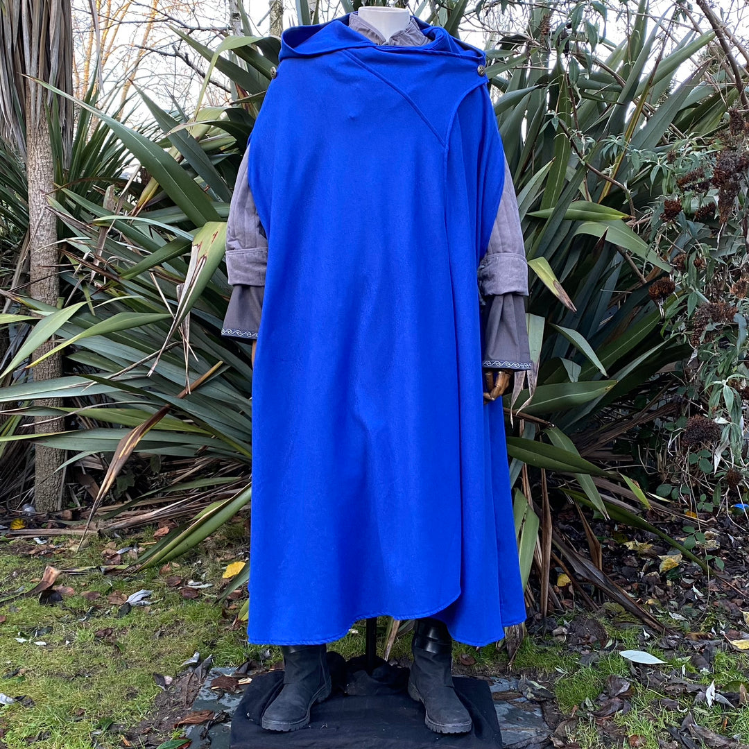 Mannequin in royal blue Viking cloak, garden setting for LARP or medieval events.