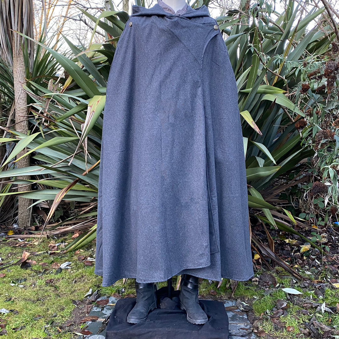 Front outdoor view of grey hooded LARP cloak, medieval fantasy cosplay costume for rangers and.