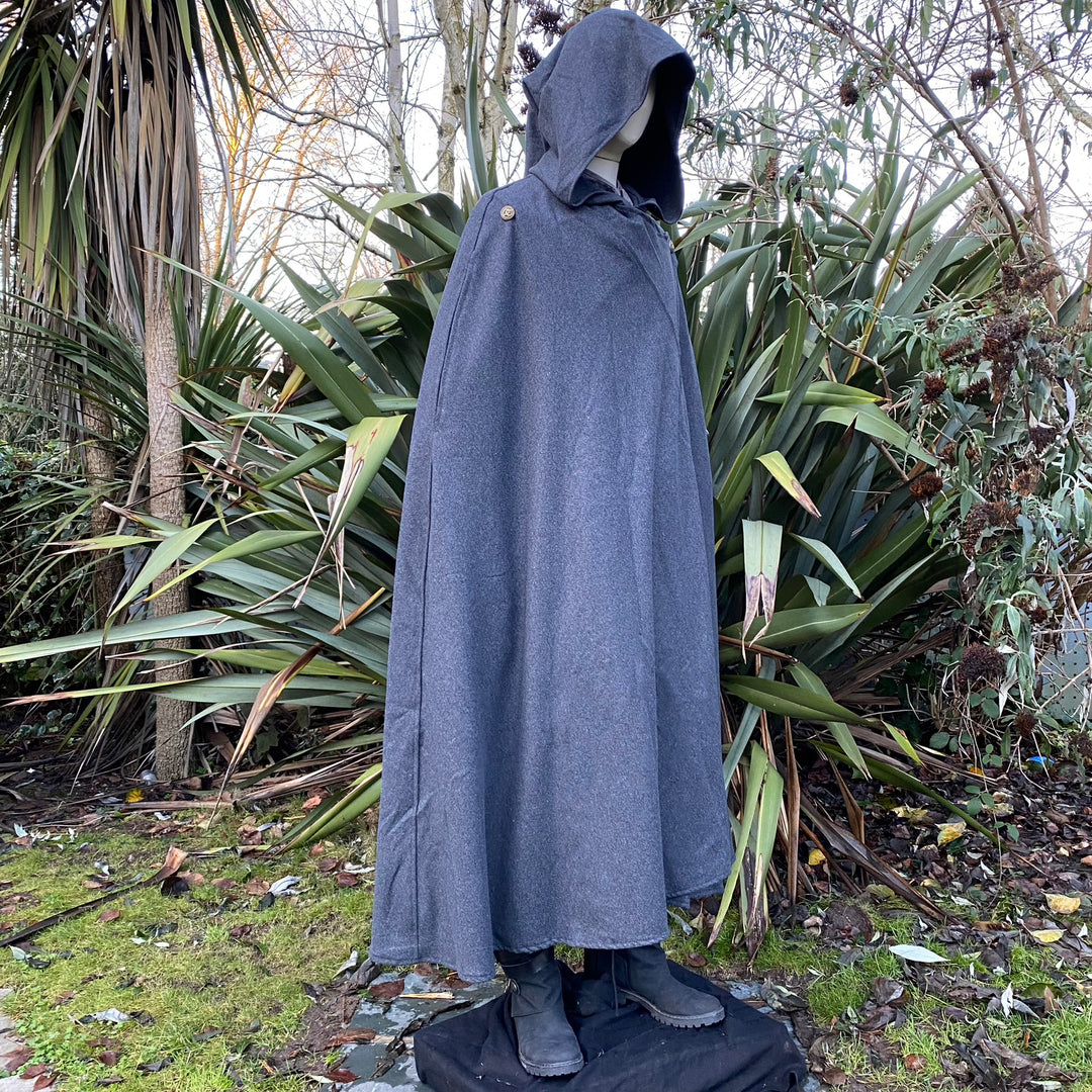 Angled outdoor view of grey medieval LARP cloak, fantasy cosplay costume for LARP and.