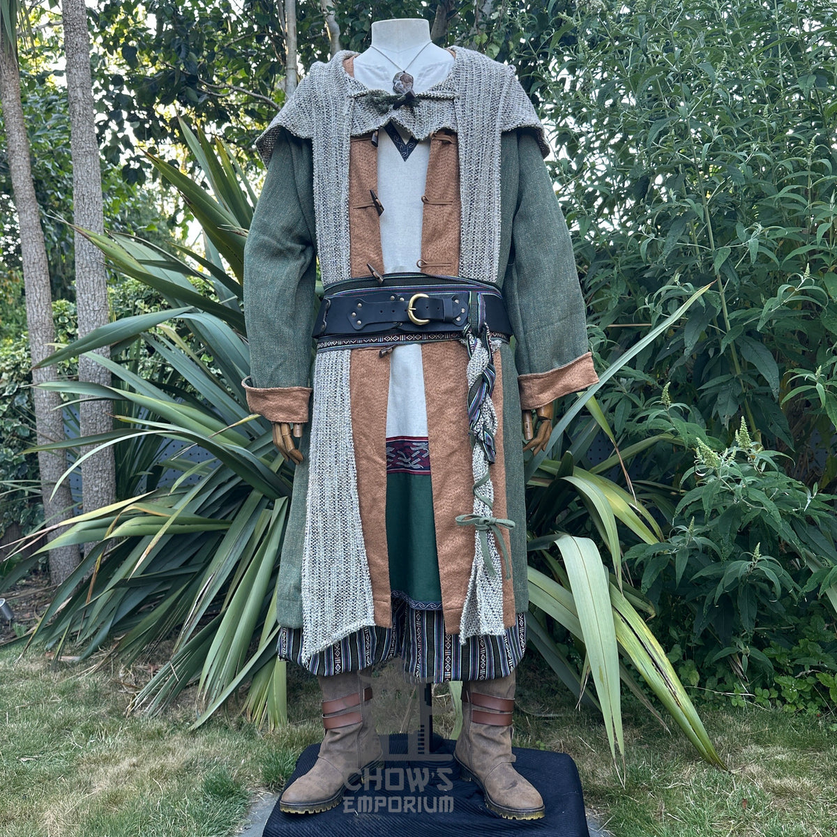 Medieval LARP costume front view featuring coat, tunic, hood, pants, belt, sash and necklace.