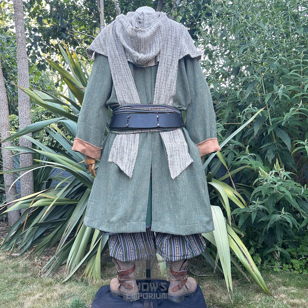 Angled back view of green and brown two-tone pirate LARP coat, medieval fantasy cosplay costume.