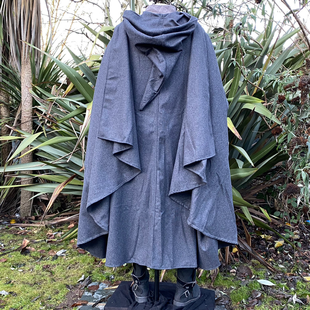 Full-length back view of grey hooded LARP cloak, authentic medieval fantasy cosplay costume for.