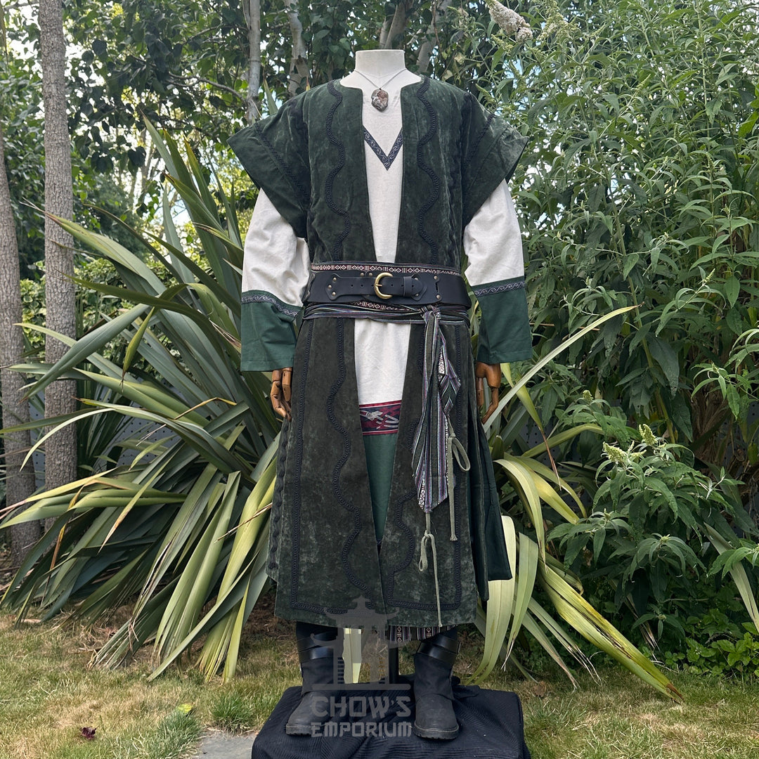 Emerald Viking LARP outfit with waistcoat, tunic, pants, belt, and sash.