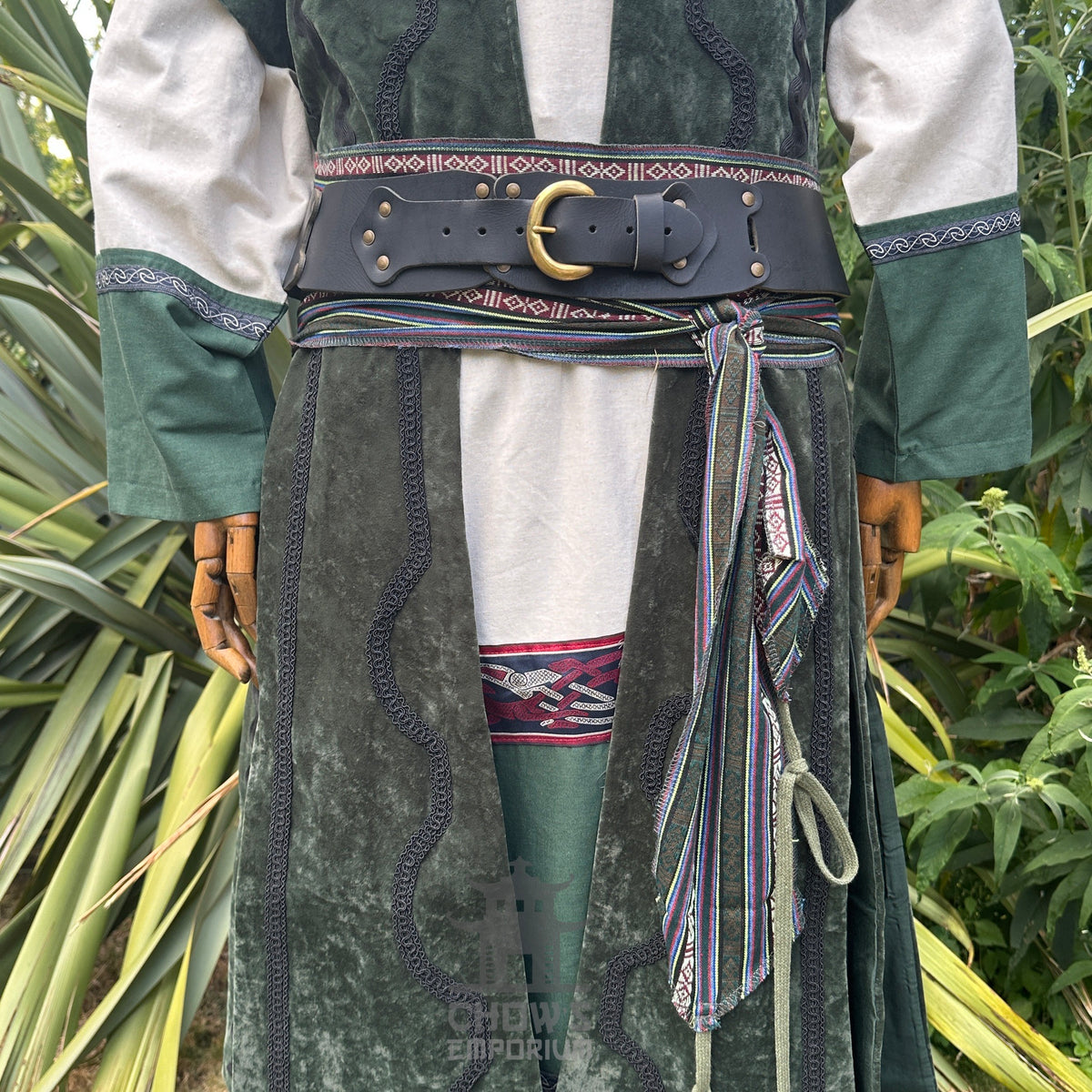 Emerald Viking LARP outfit, front view: waistcoat, tunic, belt, sash.