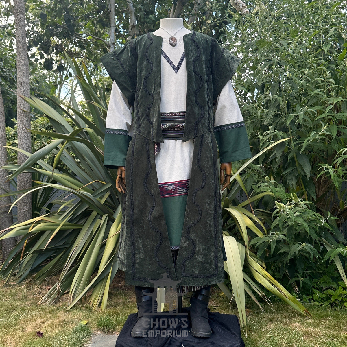 Emerald Viking LARP outfit with waistcoat, tunic, sash, and belt. Front view.