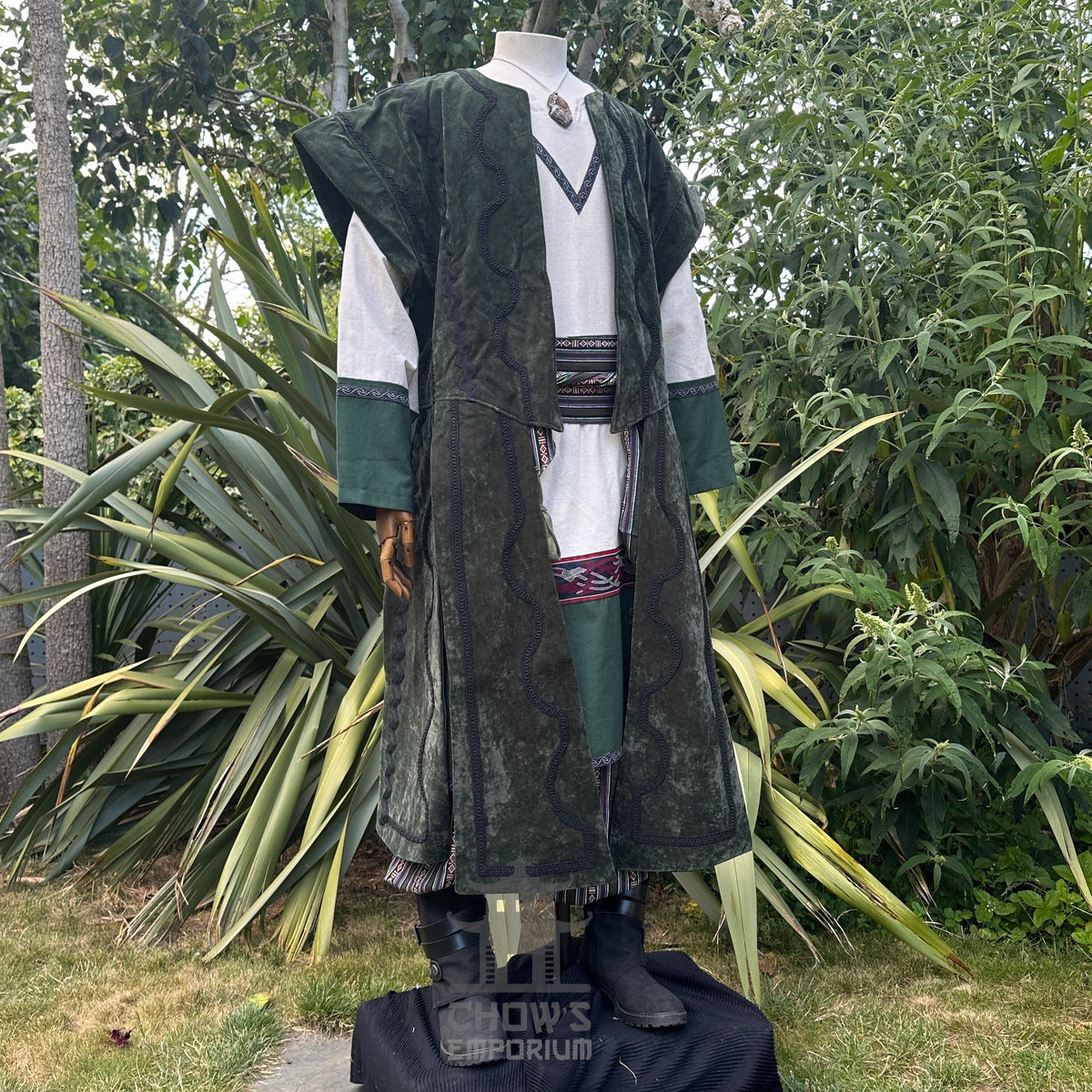 Emerald green Viking LARP outfit with tunic, pants, belt, sash, waistcoat.
