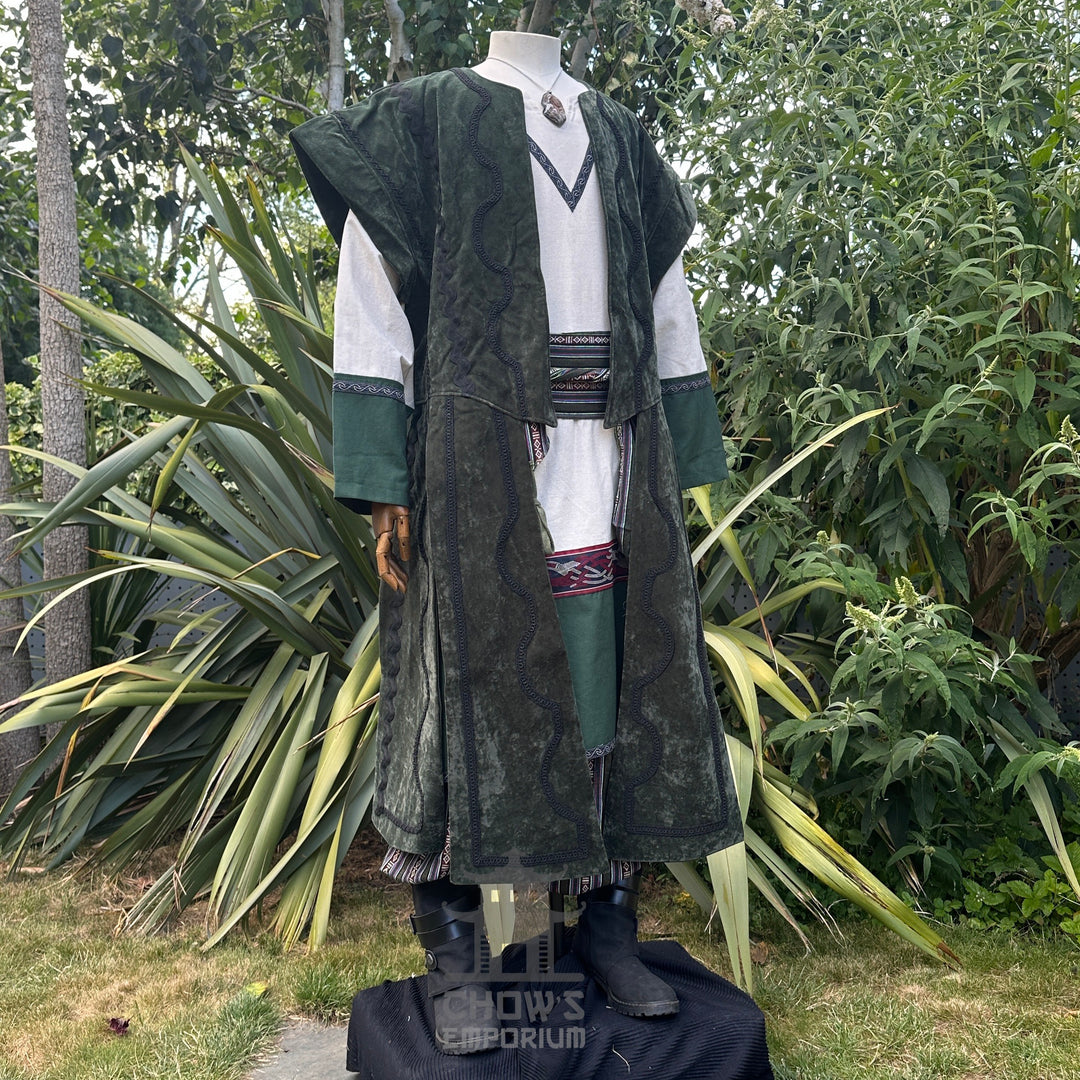 Emerald green Viking LARP outfit with tunic, pants, belt, sash, waistcoat.