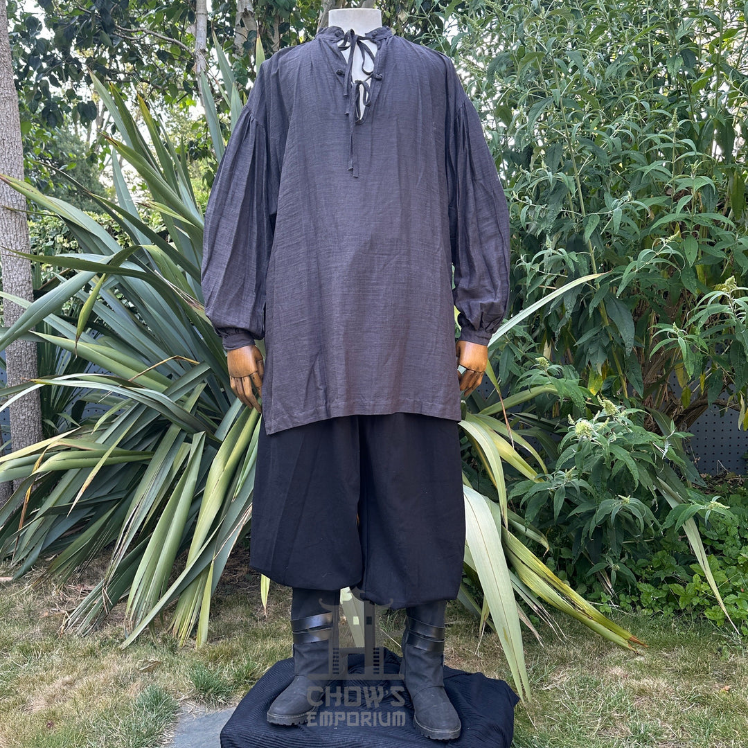 Dark grey cotton and linen medieval LARP shirt with laced collar. Front view.